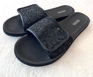 MICHAEL KORS MK LOGO Black Flat GLITTER ADJUSTABLE Pool SLIDES Size 10